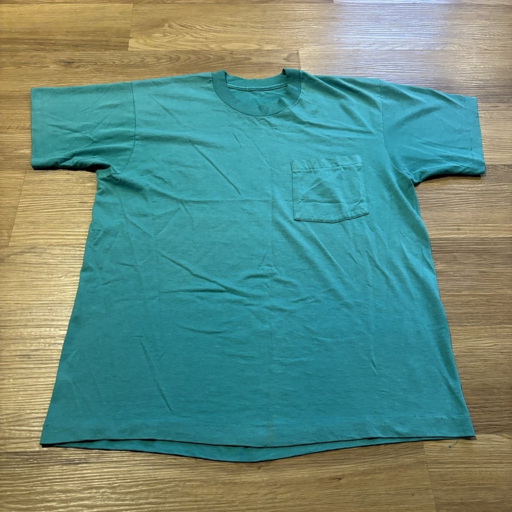 VTG 80s Selvedge Pocket T-Shirt Mens Large Teal Aqua Single Stitch Blank Tee USA